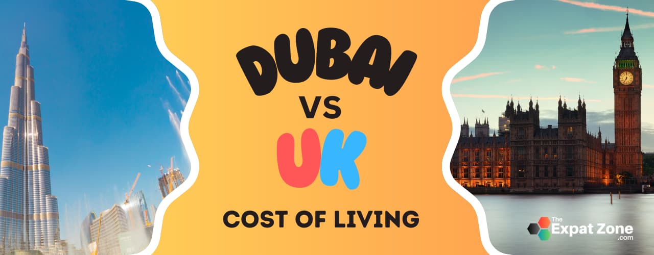 Split image: Traditional London pub on one side and a modern Dubai restaurant with outdoor seating on the other. (Keywords: Dubai vs UK, cost of living, dining out). Enjoy a pint in a London pub or savor Arabic flavors in Dubai. Explore the cost differences when dining out in both cities.